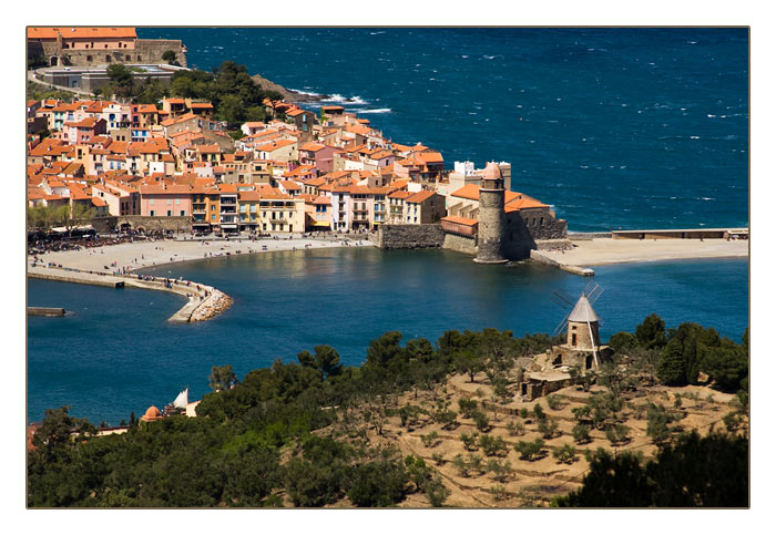 Blick auf Collioure und die Windmühle
